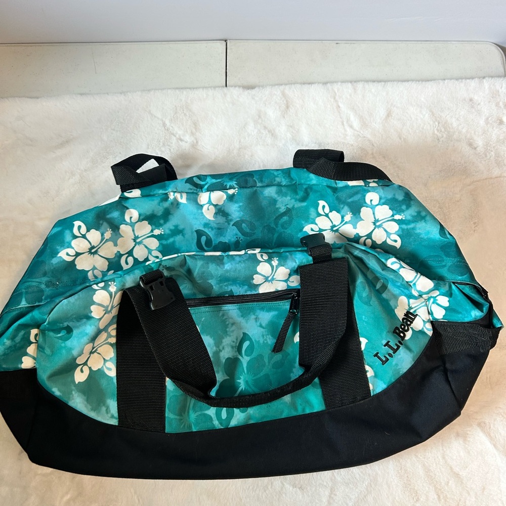 L.L. Bean Floral Duffel Bag Teal Travel Gym Weekender - Picture 5 of 16